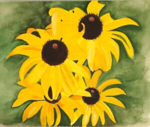 watercolor painting of a group of four black-eyed Susan blooms with yellow petals and a dark brown center