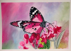 watercolor painting of a pink butterfly sitting on the blossoms of a pink flower.